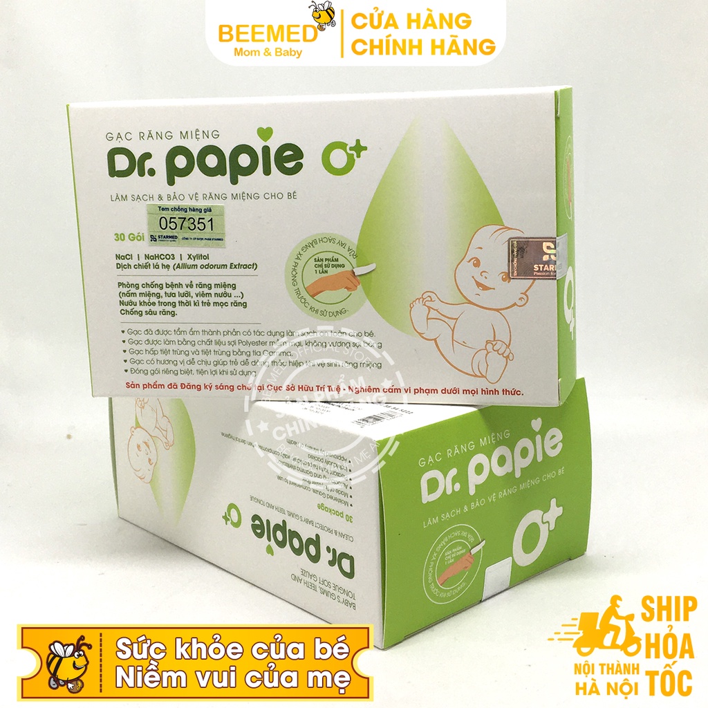 Gạc rơ lưỡi cho bé Dr Papie Combo 4 hộp 30 gói tặng 5 gói lẻ - Gạc lau răng, rơ miệng cho bé