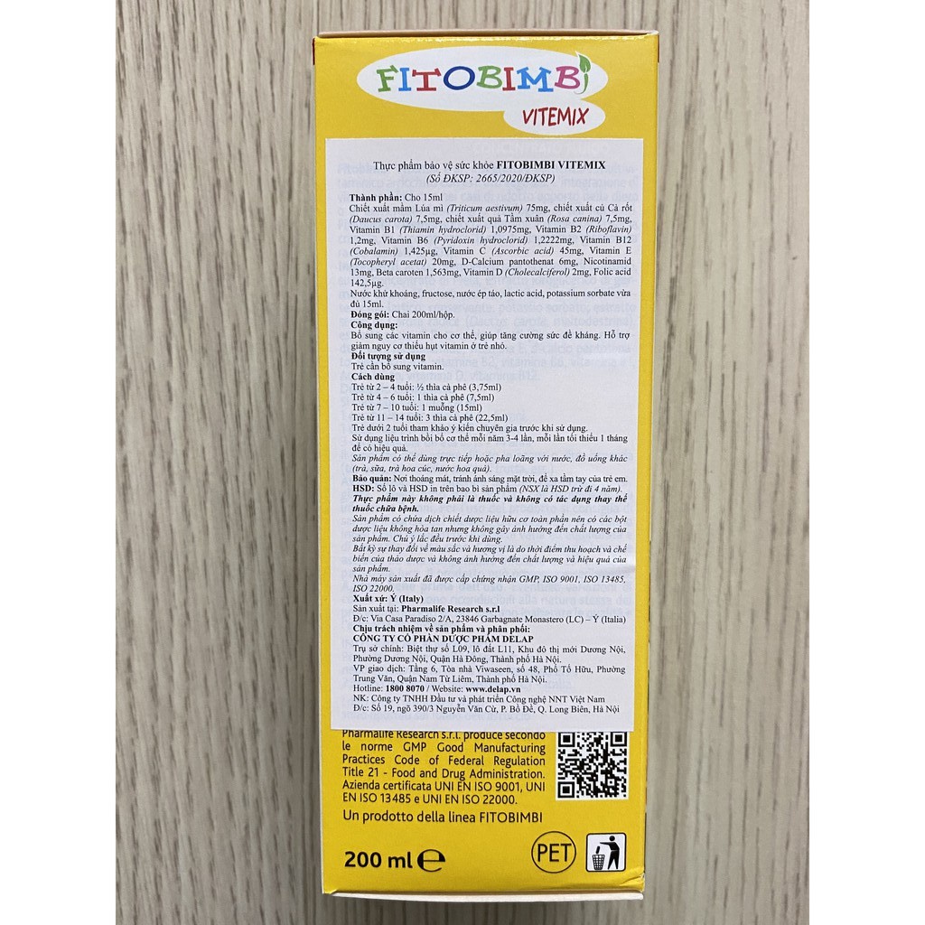 Fitobimbi Vitemix, bổ sung các vitamin, calci và khoáng chất cho bé, giúp bé phát triển toàn diện siro chai 200ml