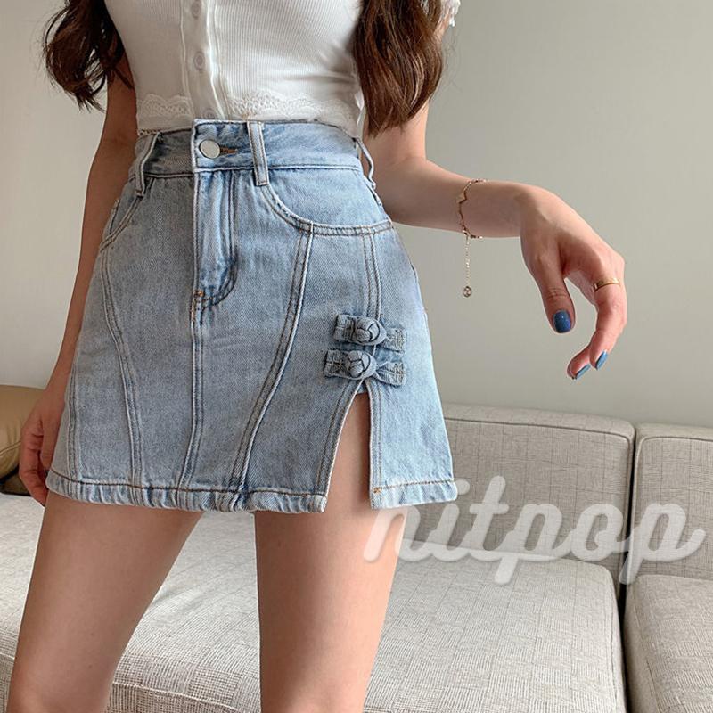 Hitpop-Women´s High Waist Denim Skirt, Zipper Button Closure Solid Color Knotted Buckles Split Hem Invisible Shorts Skirt