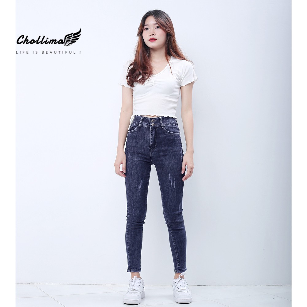 Quần jeans nữ co giãn Chollima cạp siêu cao mài xước màu xanh xám QD038 phong cách trẻ trung năng động | BigBuy360 - bigbuy360.vn