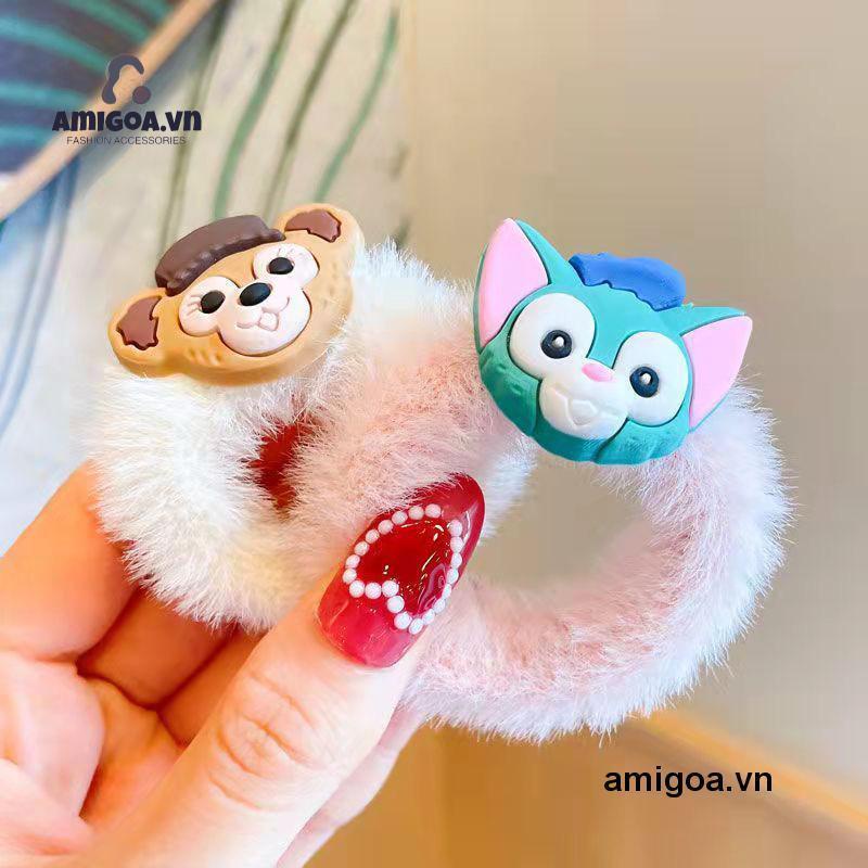 Dây Cột Tóc Cao Su Phối Lông Nhung Họa Tiết Hoạt Hình Đáng Yêu Cho Bé