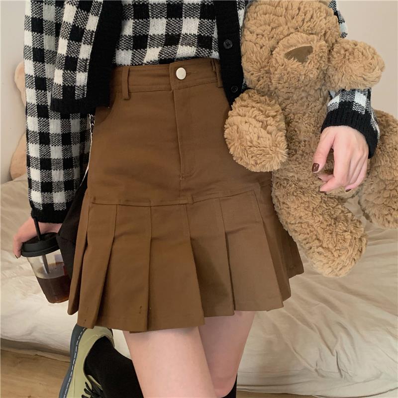 ♞☌Chân váy chữ A lưng cao xếp ly phong cách Hàn Quốc