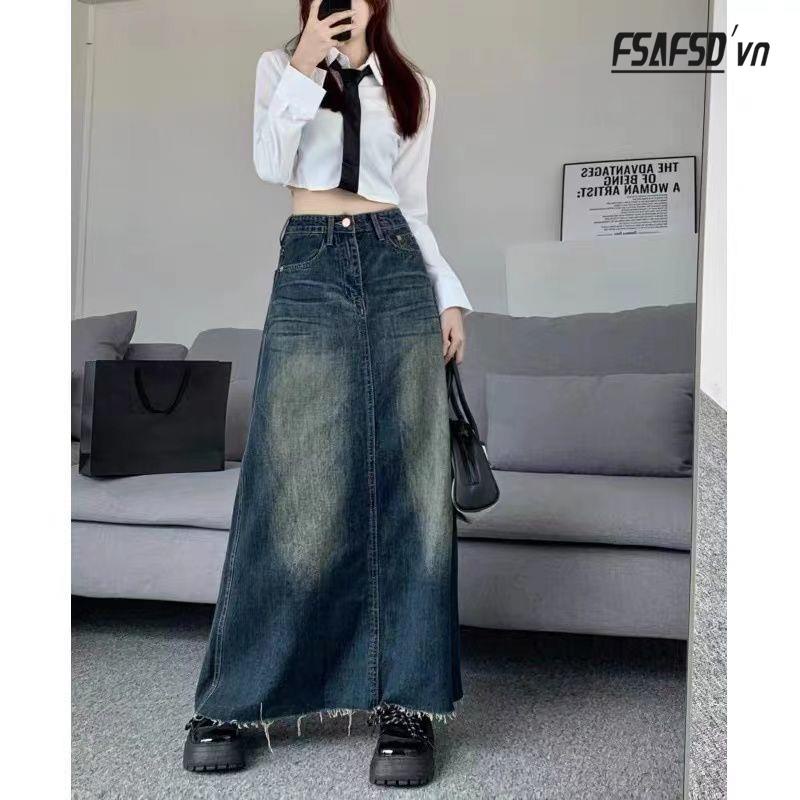 Chân Váy Denim Dài Dáng Chữ A Phong Cách Retro Dành Cho Nữ
