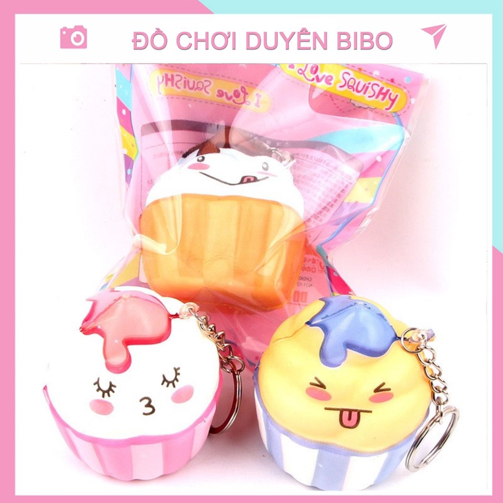 Squishy bánh kem dễ thương có bao bì và móc khóa, Squishy cupcake chibi