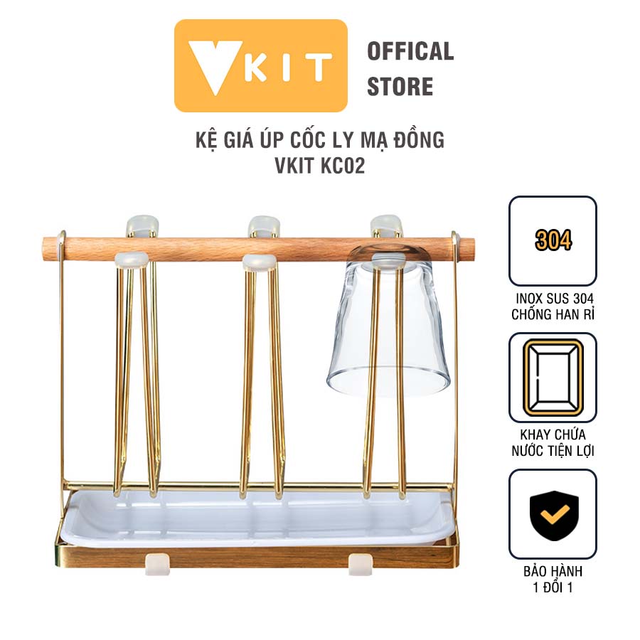 Kệ giá úp cốc ly inox có kèm khay hứng nước mạ đồng cao cấp VKIT KC02