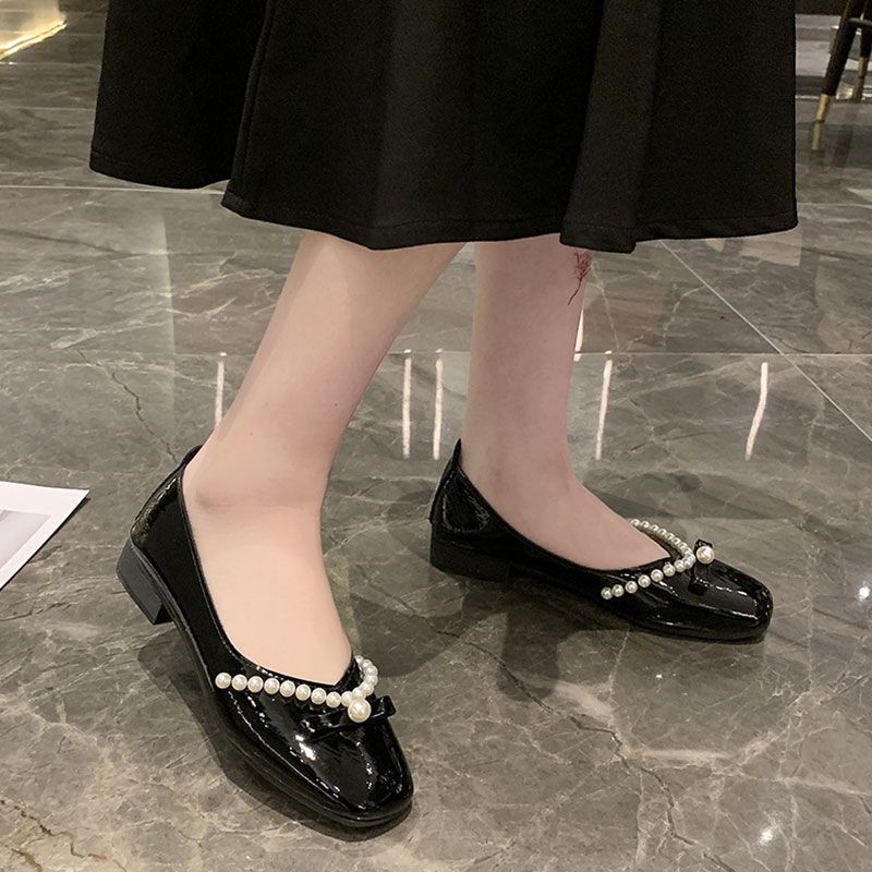 Giày búp bê gót dày cổ thấp đính ngọc trai thời trang mùa xuân cho nữ