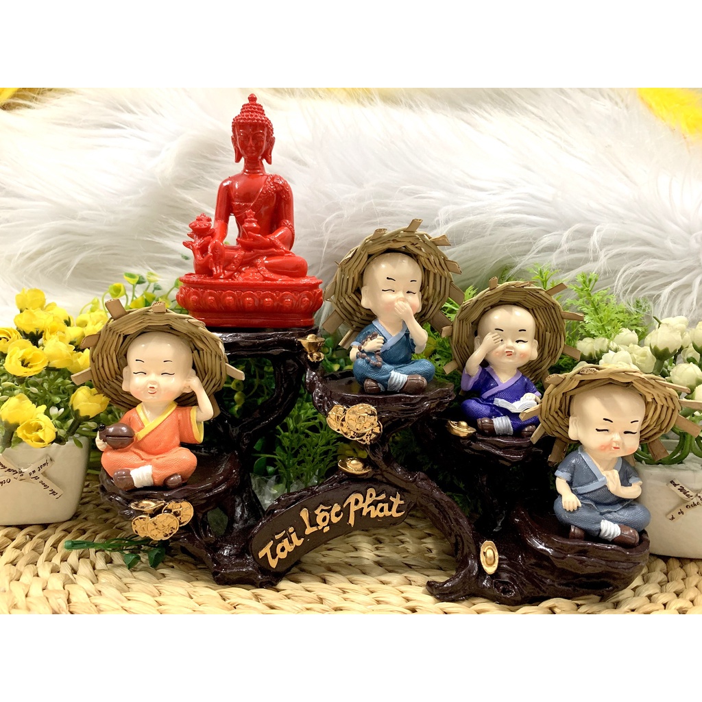 Full Set Phật Thích Ca cùng các chú tiểu Tứ Không tọa đế Tài Lộc Phát (Hình Thật)