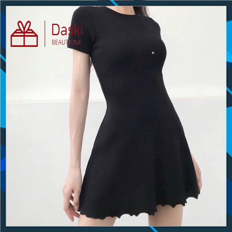 Đầm xòe đen nữ dưới 60kg Daski - váy bo tăm trơn | BigBuy360 - bigbuy360.vn