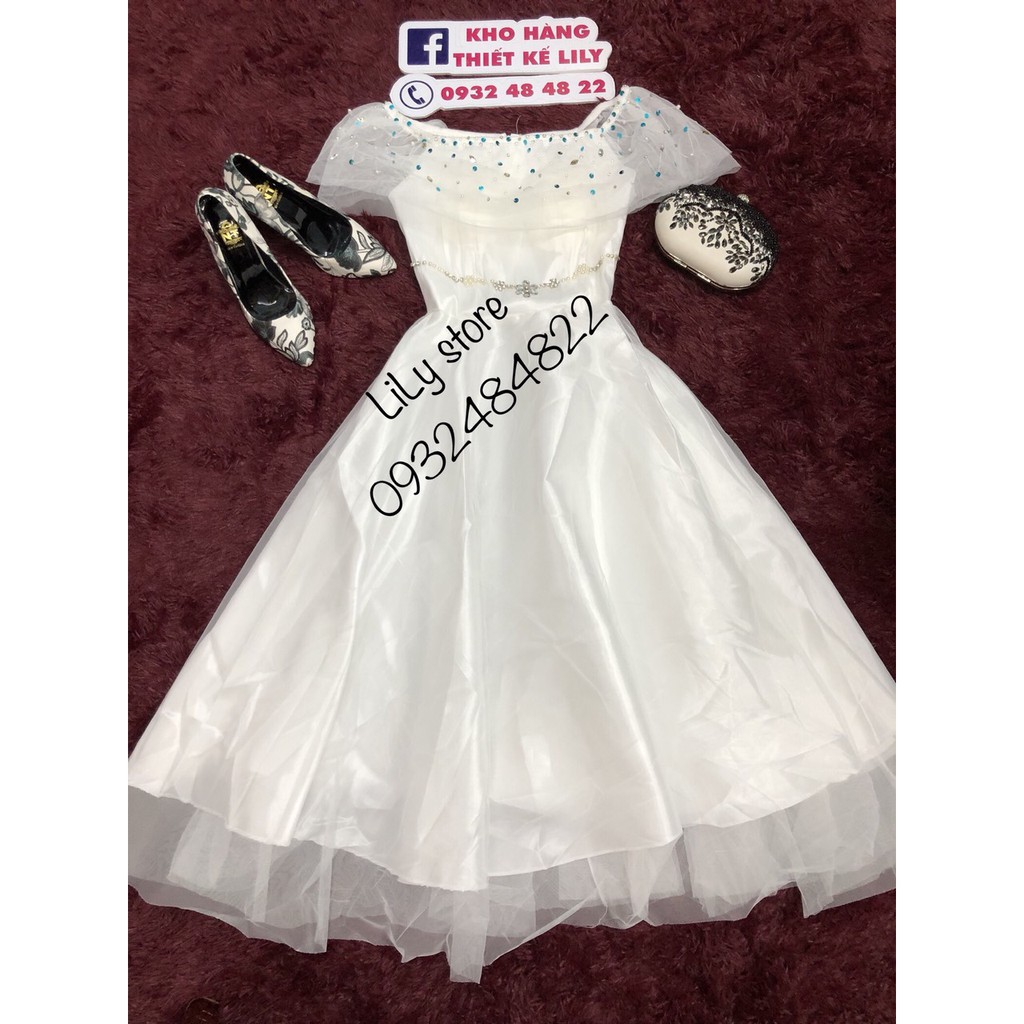 Đầm xoè công chúa bẹt vai kết kim sa treo