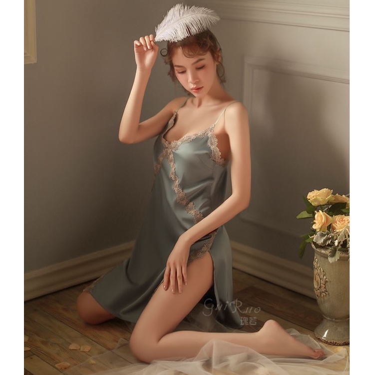 Váy ngủ hai dây lụa cao cấp Đầm ngủ 2 dây xẻ tà gợi cảm