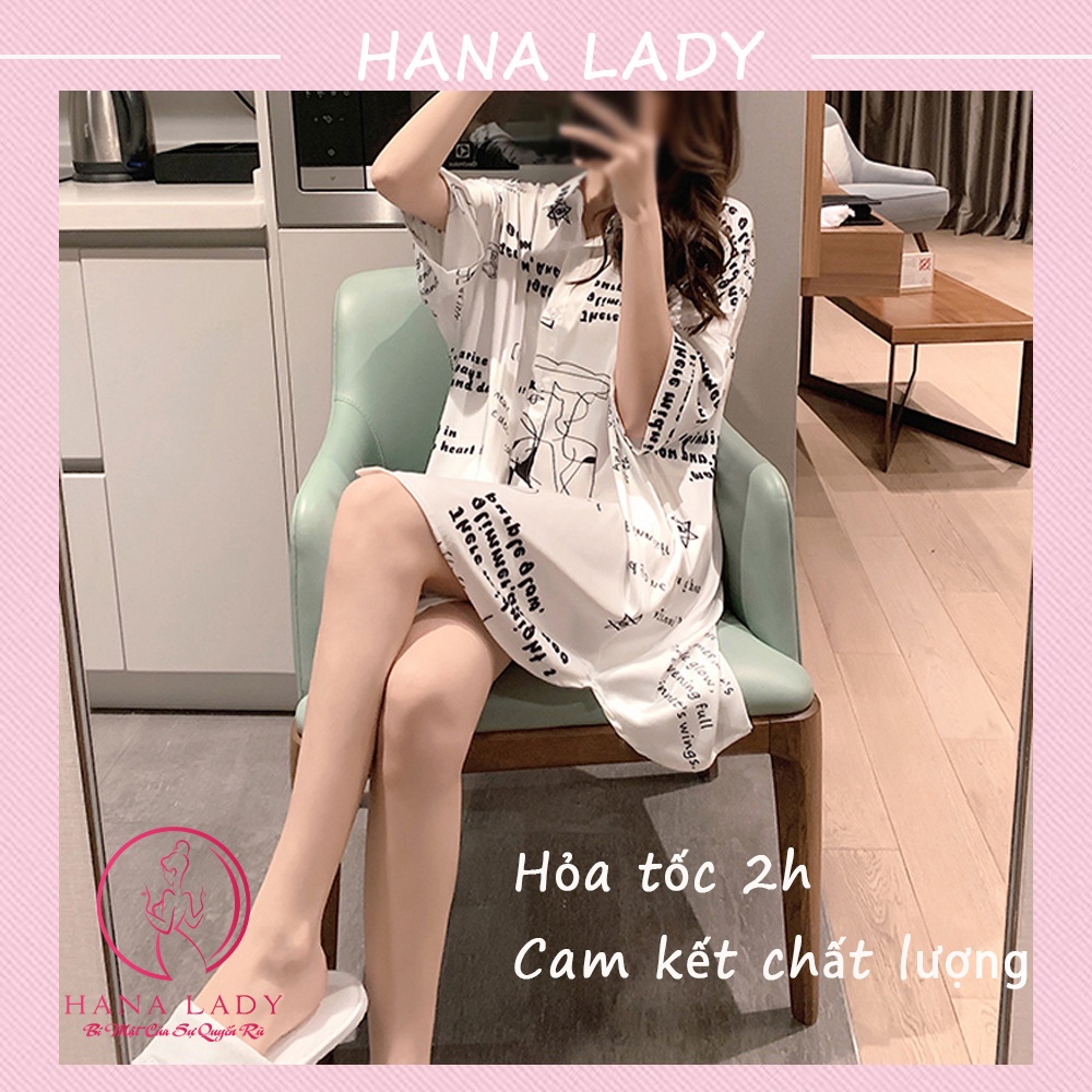 Váy ngủ nữ sơ mi lụa cao cấp, Áo ngủ đồ mặc nhà gợi cảm sang chảnh họa tiết chữ PJ382