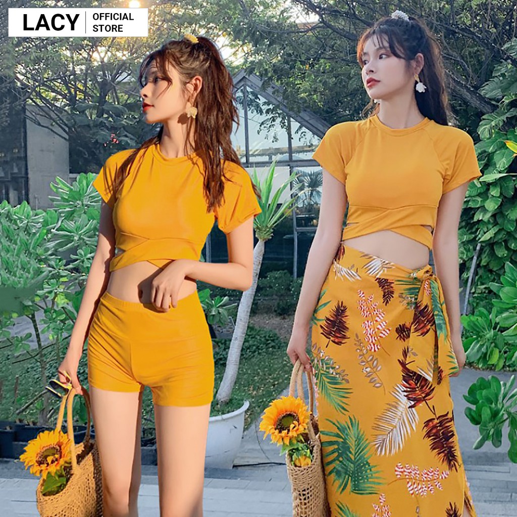 Đồ Bơi Nữ 3 mảnh Áo tắm Croptop có Tay Quần Bơi Đùi Kèm Chân Váy Voan Họa Tiết Dứa Mùa Hè Trẻ Trung B155 LACY