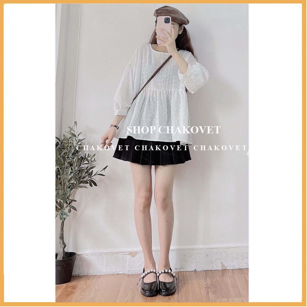 Áo sơ mi nữ tay dài form rộng CKA877, kiểu áo nữ dáng babydoll cổ tròn tay bồng hoa văn dập nổi style hàn quốc cực xinh
