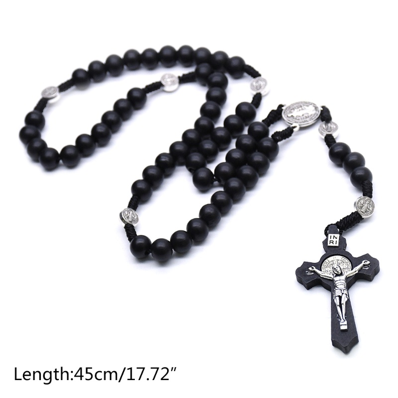 Dây chuyền chuỗi hạt mân côi đen mặt hình thánh giá chúa Jesus
