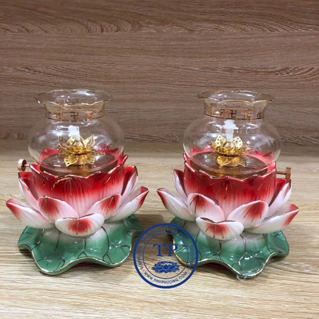 Combo 2 đèn thờ đốt dầu mẫu hoa sen đế xanh