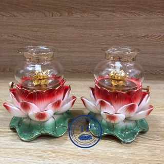 Combo 2 đèn thờ đốt dầu mẫu hoa sen đế xanh