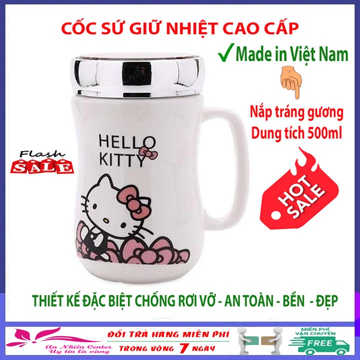 (Hàng Việt Nam sản xuất) Cốc sứ giữ nhiệt cao cấp có nắp gương 500ml,