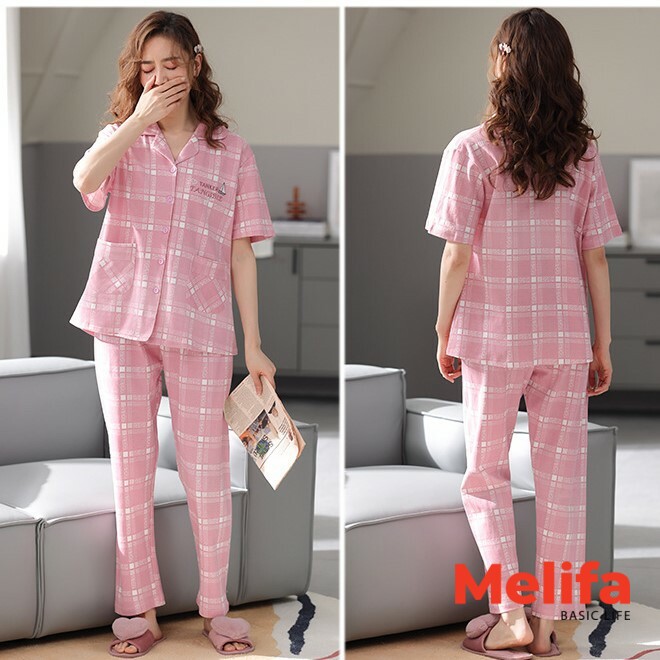 Bộ đồ Pijamas nữ ngắn tay quần dài kiểu kẻ Basic, Bộ đồ mặc nhà nữ chất cotton phong cách Hàn Quốc mã BD0168