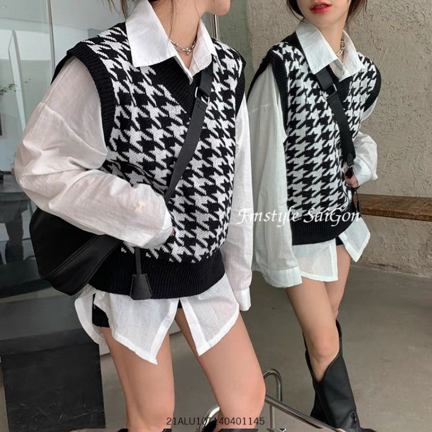 Áo len gile nữ dáng rộng cardigan kẻ ô phong cách hàn quốc oversize ulzzang thu đông Fmstyle Saigon 21ALU10T140401 | BigBuy360 - bigbuy360.vn