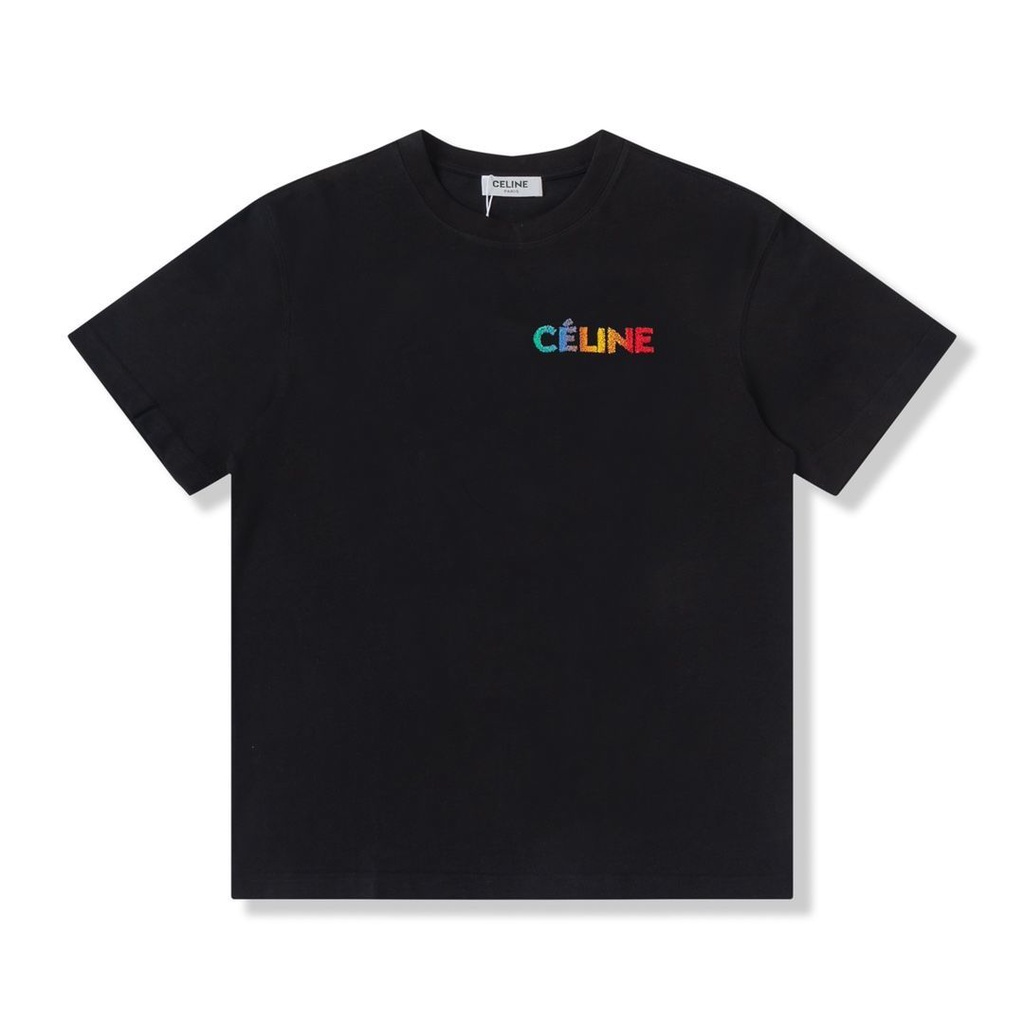 C eli ne Áo Thun Cotton Tay Ngắn Cổ Thuyền In Chữ Cái Màu Cầu Vồng