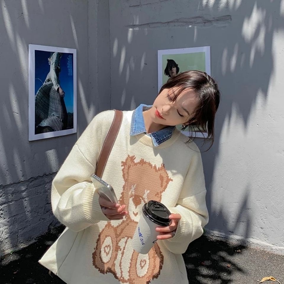 Áo sweater dáng rộng in hình gấu Klein dễ thương thời trang mùa thu mới 2021