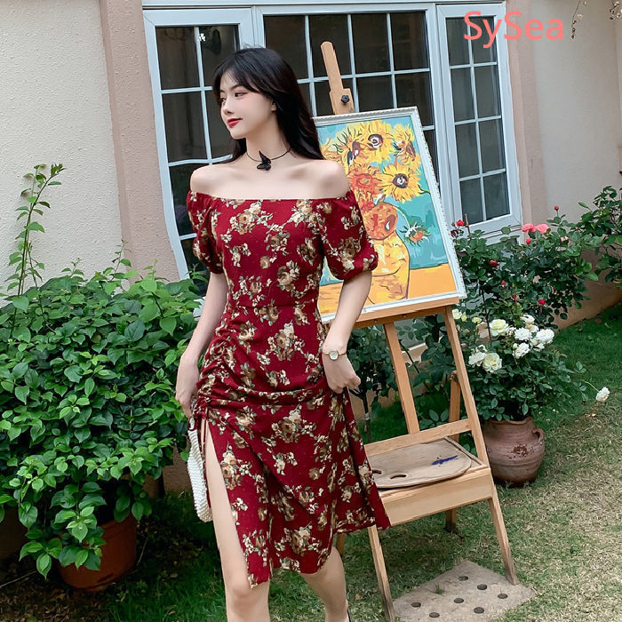 Đầm Cổ Vuông Tay Phồng In Họa Tiết Thời Trang Mùa Hè Cho Nữ