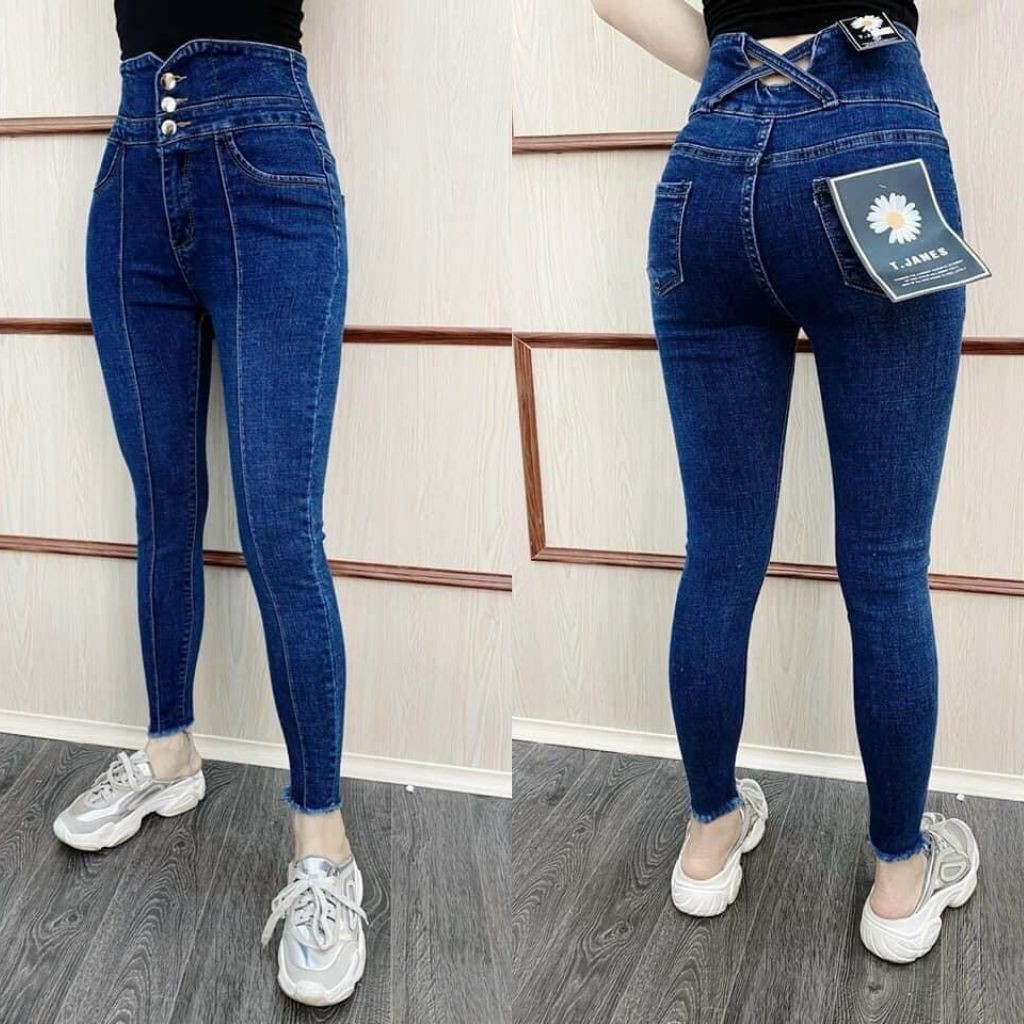 Quần Jeans Nữ Chất Bò Đen-Xanh Phối Cúc Xẻ Skinny Co Dãn Mạnh Cực Chất