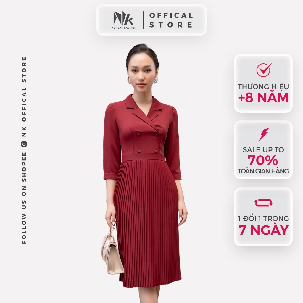 Váy Xếp Ly Dáng Dài Nữ NK Fashion Thiết Kế Cổ Vest Liền Tay Lỡ Có Lớp Lót Chất Vải Hàn Nhập Cao Cấp NKDV2110002