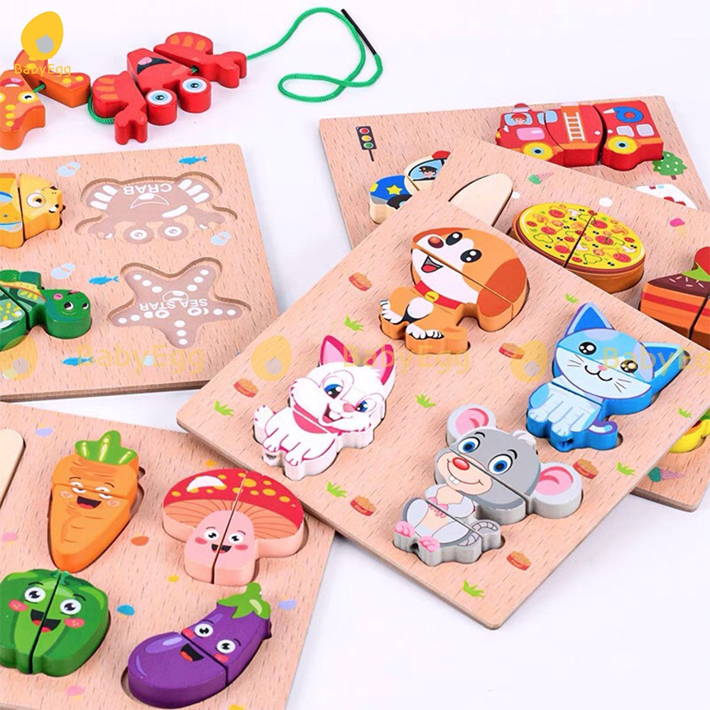 Bộ đồ chơi gỗ tranh ghép xếp hình 3D bằng gỗ lắp ráp montessori cắt củ quả xâu dây cho trẻ bé trai gái 2 3 4 tuổi babyeg