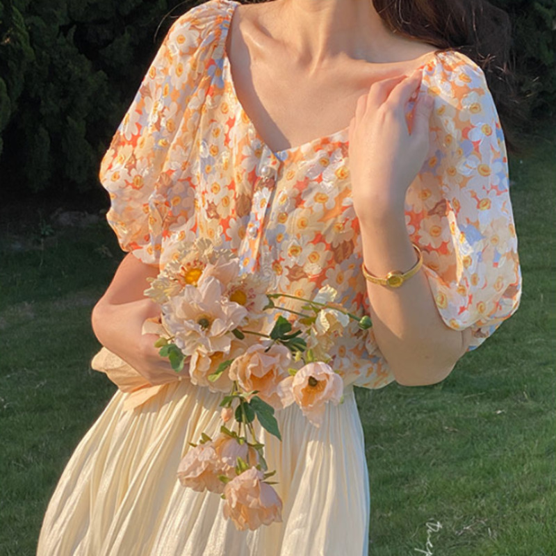 Áo Sơ Mi Jacquard Tay Lỡ 178039Áo Sơ Mi Voan Tay Bồng Trẻ Trung Thanh Lịch Phong Cách Hàn Quốc