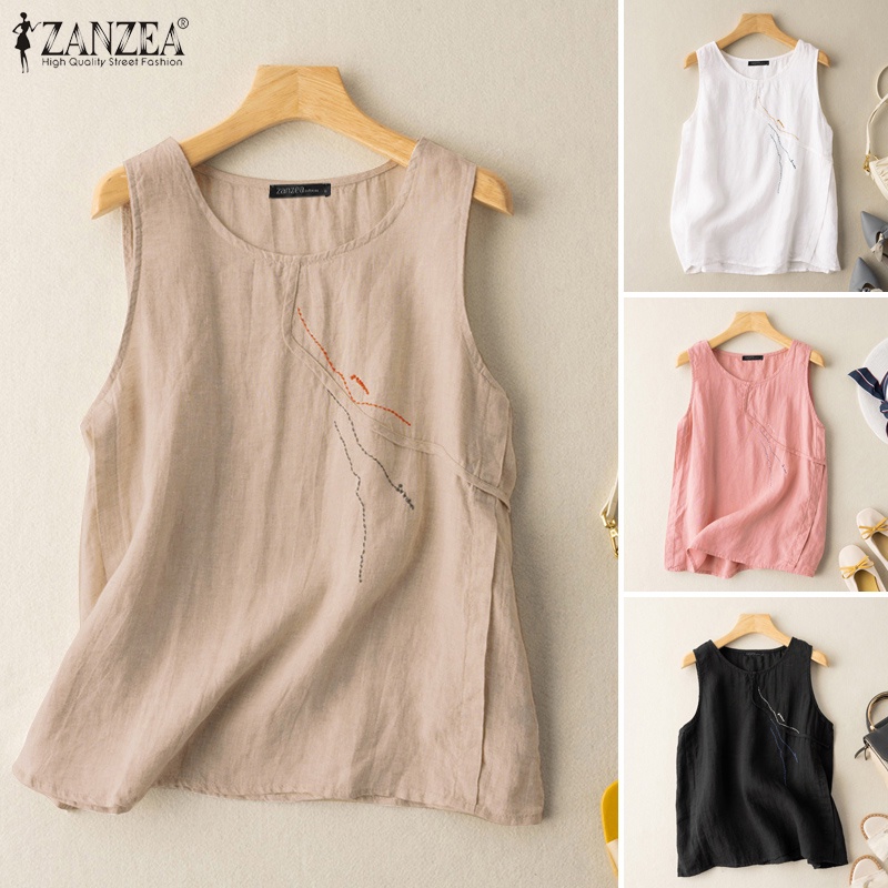 ZANZEA Áo Thun Không Tay Cổ Tròn Họa Tiết Thêu Thời Trang Nữ
