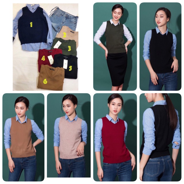 Áo gile len lông cừu cổ tim