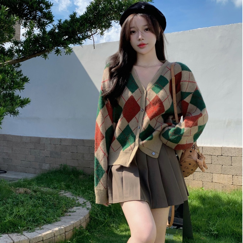 Áo khoác cardigan Pure Cube dệt kim tay dài họa tiết hình thoi ngọt ngào thời trang mùa thu cho nữ