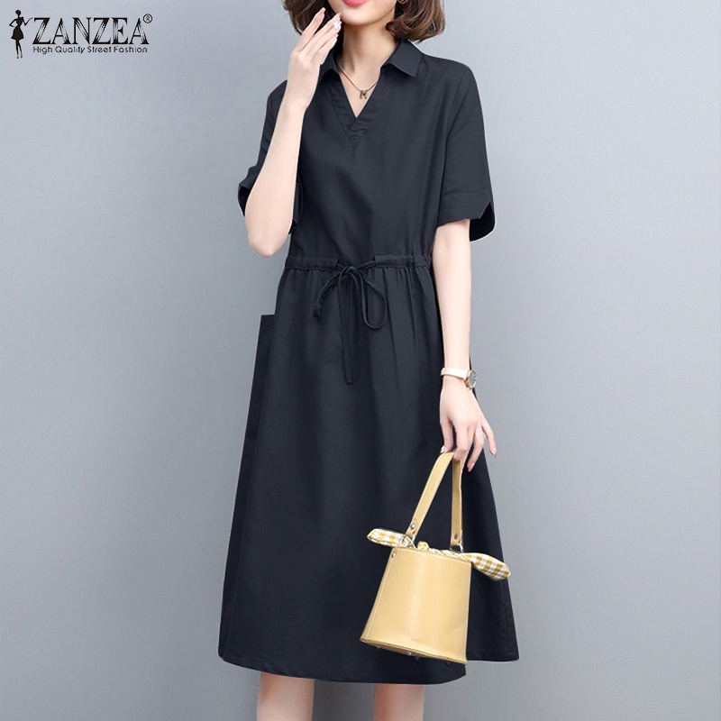 Đầm midi Zanzea tay ngắn cổ chữ v rút dây thời trang cho nữ