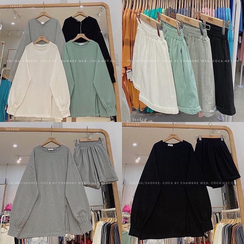 Sét Bộ thụng trơn tay dài thu_Đông kèm quần shorts đùi thể thao Unisex,Bộ quần áo Nam/Nữ đủ màu(ảnh thật) -