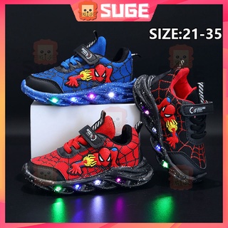 Giày Thể Thao Lưới Chống Trượt Màu Đỏ Đen In Hình Người Nhện Có Đèn LED Size 21-30 Cho Bé Trai