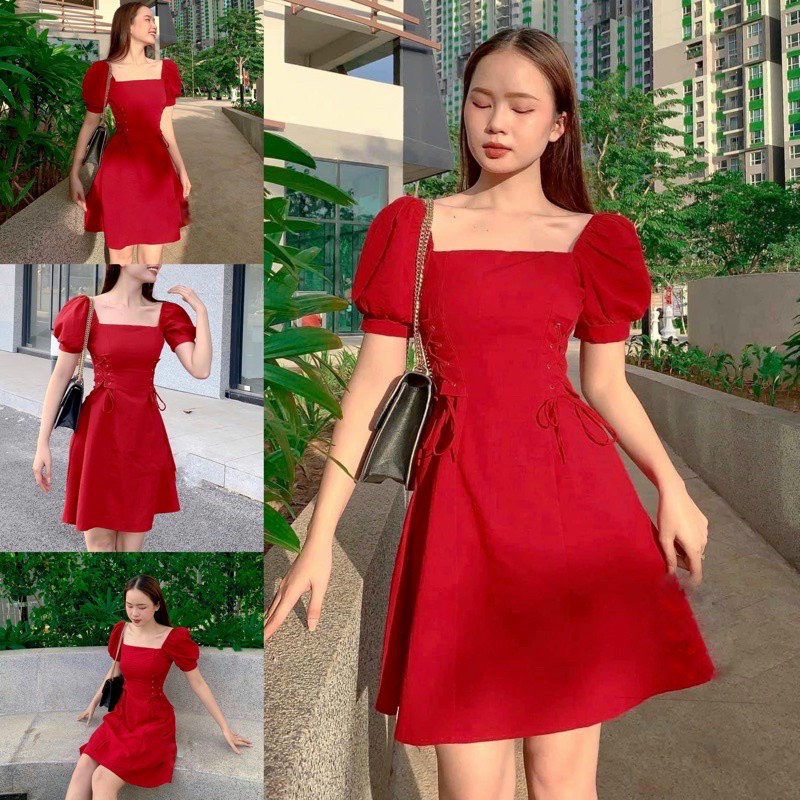 Váy đầm nữ dáng xòe cổ vuông tay phồng đan dây ở eo