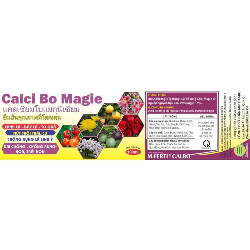 Phân bón lá Canxi Bo Magiê chai 100ml giúp cuống dài, xanh lá, cây cứng cáp