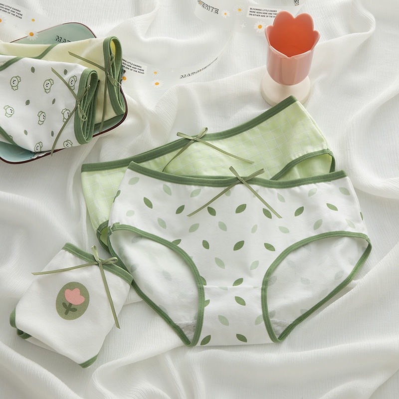 Quần Lót Nữ Cotton Họa Tiết Hoa Xanh Co Dãn Cạp Đính Nơ Siêu Yêu MS.014