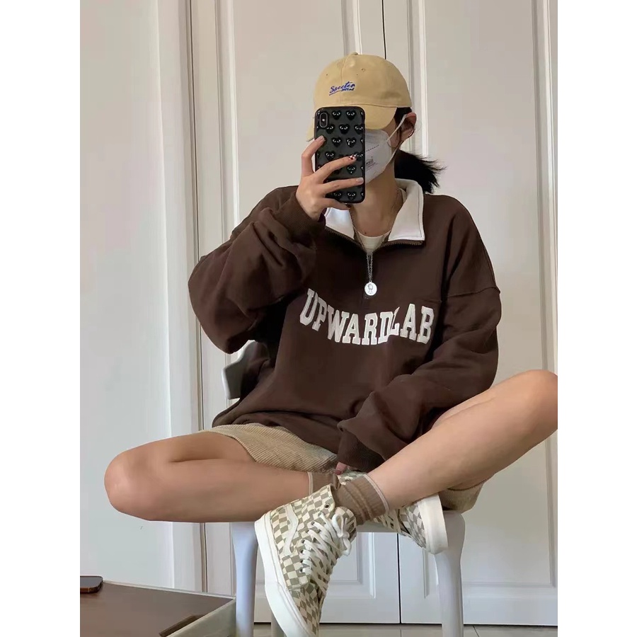 Áo Sweater Cổ polo Dáng Rộng In Chữ Phong Cách Retro Mỹ 2021