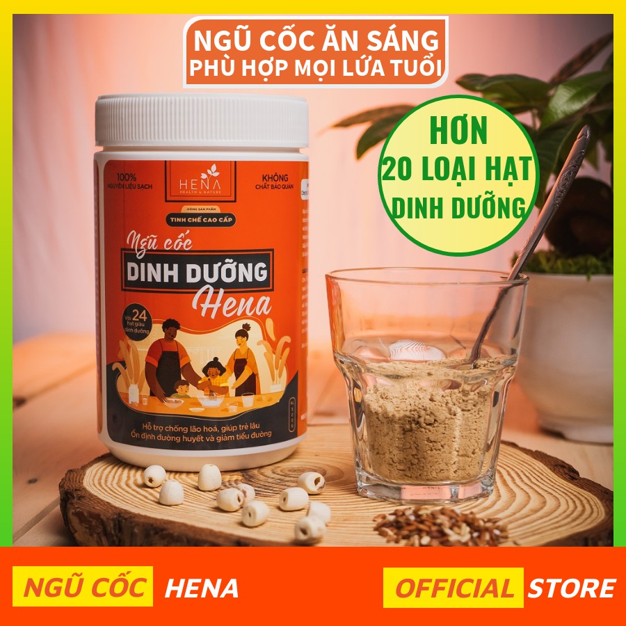 Ngũ cốc ăn sáng dinh dưỡng HENA 500G với hơn 20 loạt hạt, cung cấp bữa ăn sáng dành cho cả gia đình