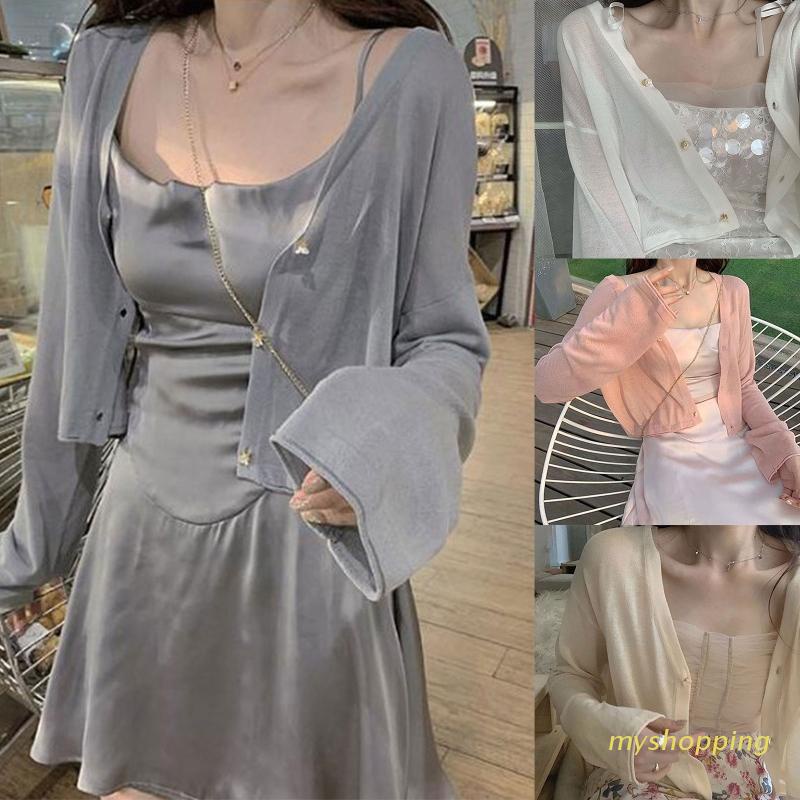 Áo Khoác Cardigan Dệt Kim Tay Dài Cổ Chữ V Cài Nút Màu Trơn Nhẹ Nhàng Thời Trang Mùa Hè Cho Nữ