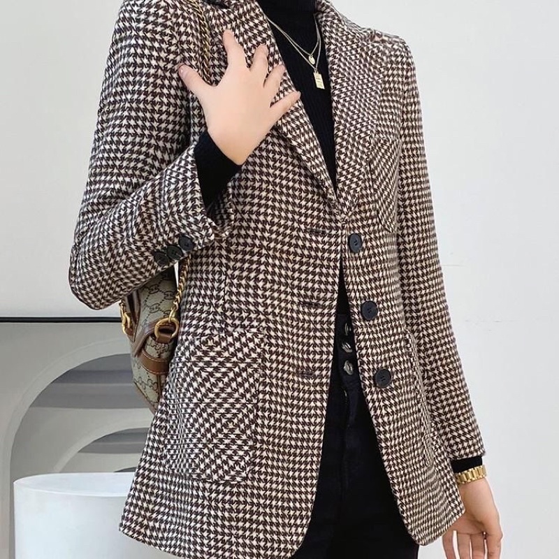 Áo Khoác Blazer Nữ Dạ Kẻ Hai Lớp Phong Cách Hàn Quốc Mẫu Mới Mã RB040