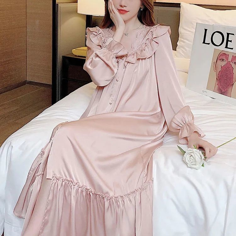 Đầm Ngủ Dài Tay Màu Trơn Phối Ren Thoải Mái Phong Cách Pháp Mới