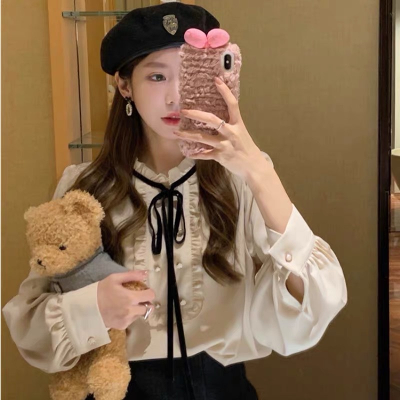 Áo kiểu nữ bánh bèo dài tay A.8164 kiểu áo nữ màu trắng cổ bèo 3 phân thắt nơ ngực bèo đẹp sang chảnh mặc đi làm đi học