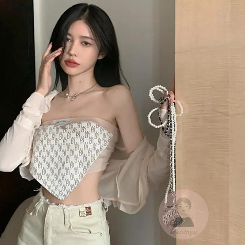 DRE-Women Triangle Tube Tops, Summer Strapless Printed Boat Neck Patchwork Tube Tops