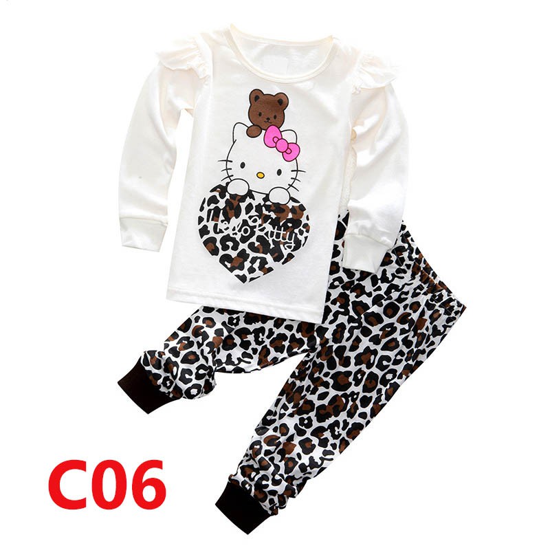 Bộ Đồ Ngủ 2 Món Áo Tay Dài + Quần Dài Vải Cotton In Hoạt Hình Hello Kitty Dễ Thương Cho Bé Gái