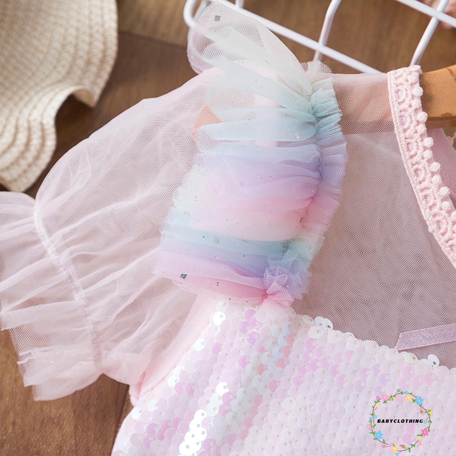 BBCQ-Kids Summer Princess Dress, Sequins Gauze Splicing O-Neck Short Bubble Sleeves Skirt with Back Zipper for Girls, 2-7 Years