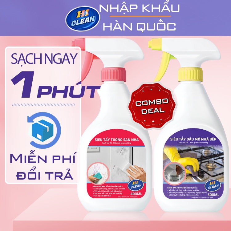 Combo Tẩy Vết Bẩn Trên Tường Hiclean và Tẩy Dầu Mỡ Nhà Bếp Hiclean, sạch tức thì, hiệu quả nhanh chóng, Nhập Khẩu HQ