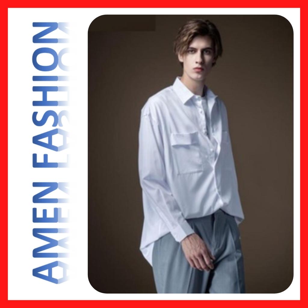 Áo sơ mi nam AMEN FASHION AF009 - Áo sơ mi dài tay unisex from rộng đen trắng kiểu dáng trẻ trung